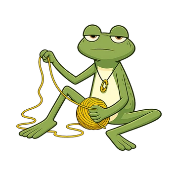 Tink the Frog sitting on the floor, pulling yarn out of a mustard ball: frogging.